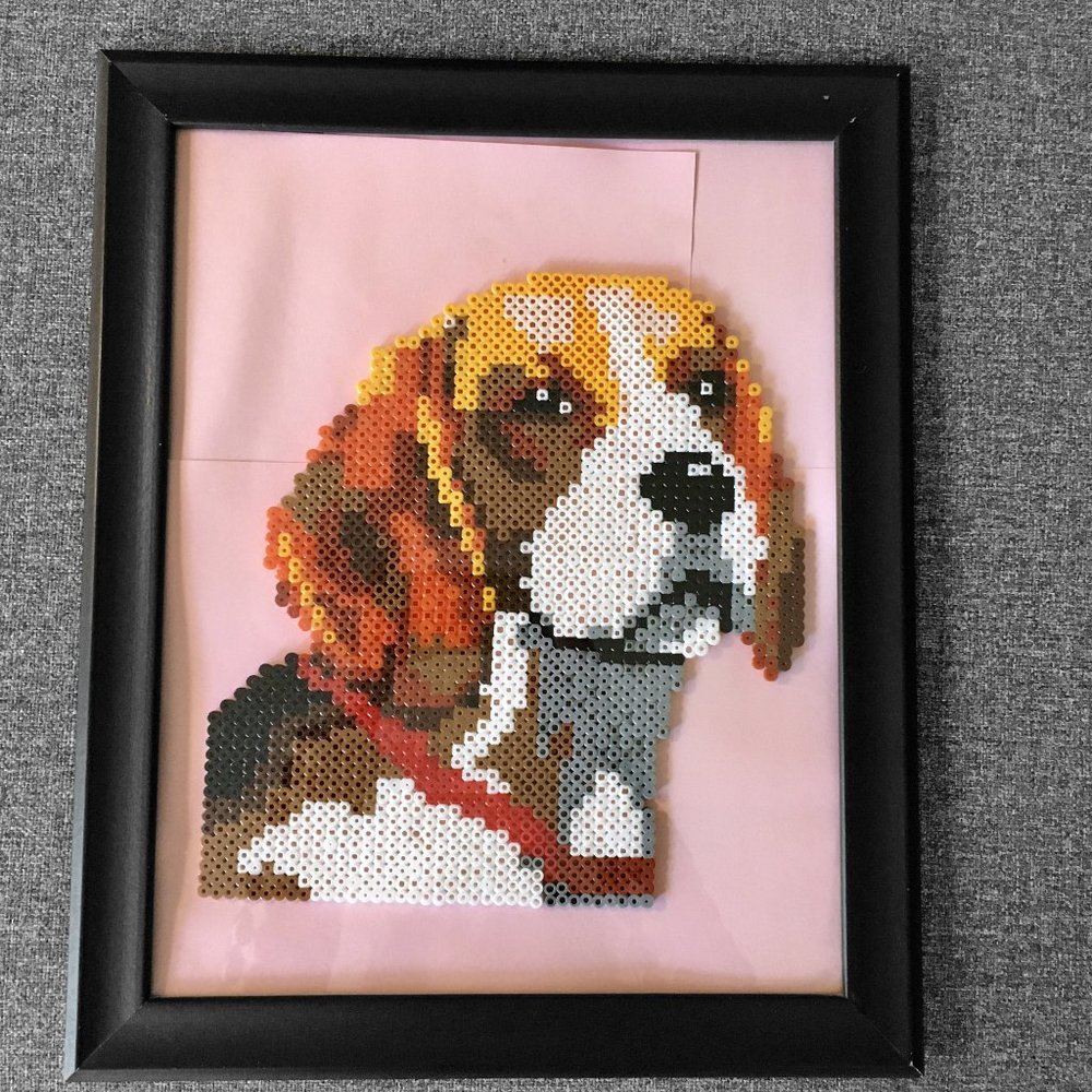 Vintage 90s Handmade Hound DOG Framed Perler Bead Art, 13"x16"